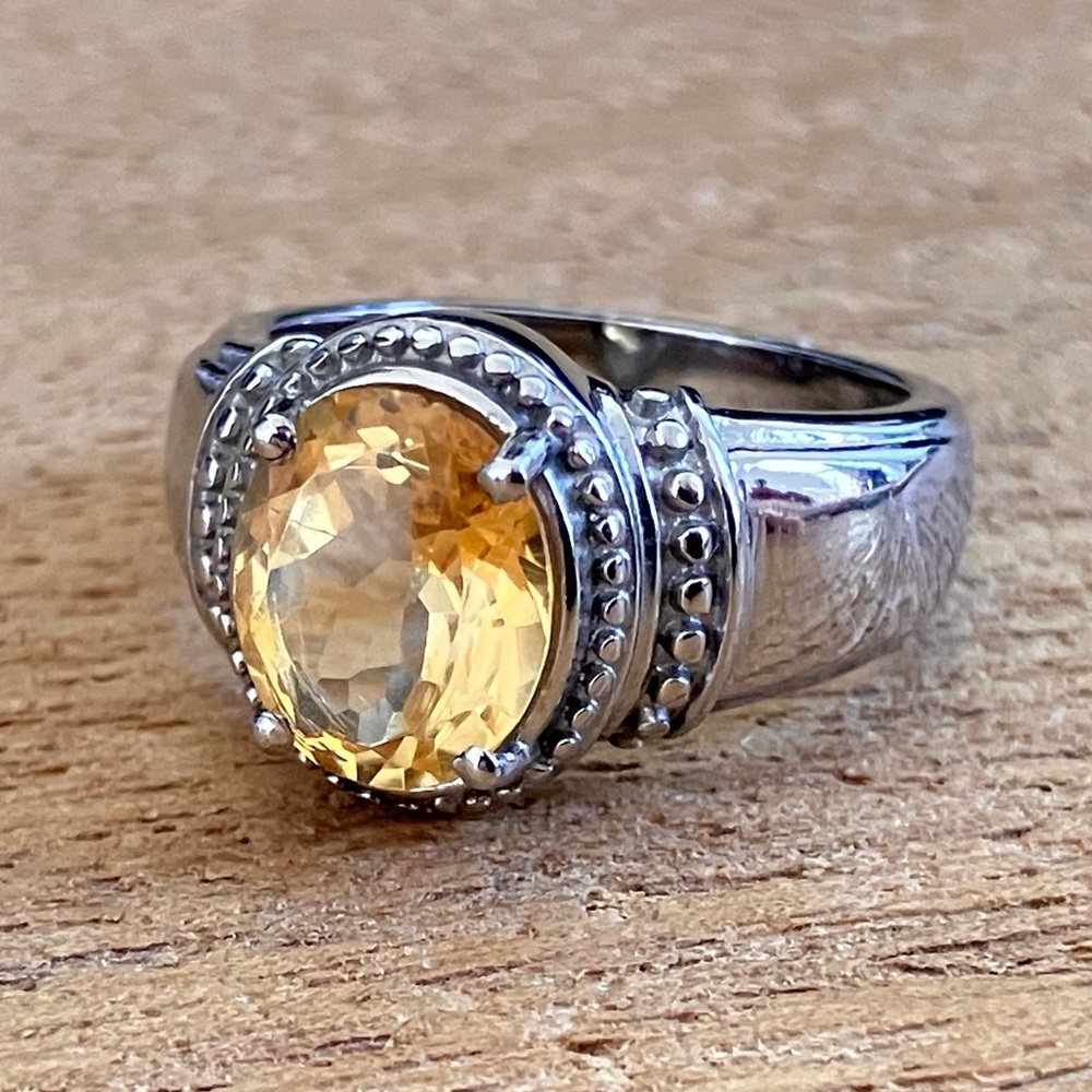 Genuine Citrine Oval Solitaire Ring in Stainless Steel